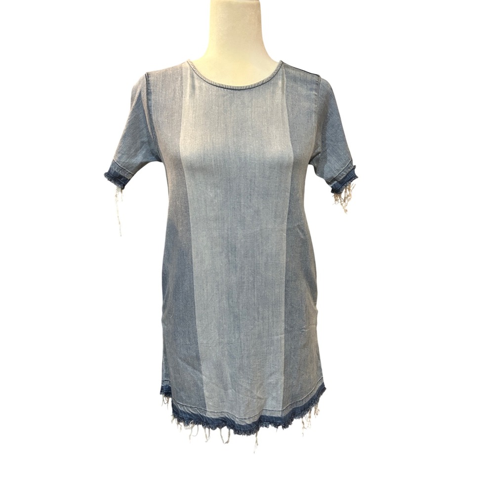 DL1961 Kiki Blue Coast Denim Dress Raw Hem Short Sleeve Casual Mini Dress